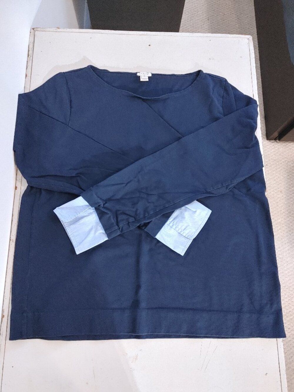XL navy blue J. Crew boatneck long sleeve summer sweater with light blue cuffs